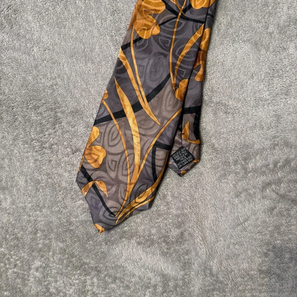 Vintage 90s Italian Silk Mens Necktie Abstract Floral Leaf Pattern Gold Gray Tie